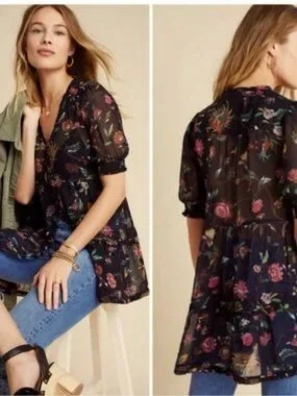 NWT Anthropologie Salzburg Sheer Tunic Floral Blouse Boho Whimsical.  SZ XS